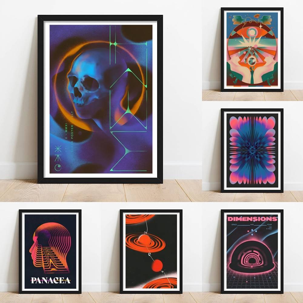 Retro Gaming Wallpaper - Psychedeliczny Gradient Czaszka Kosmos Plakat Retro