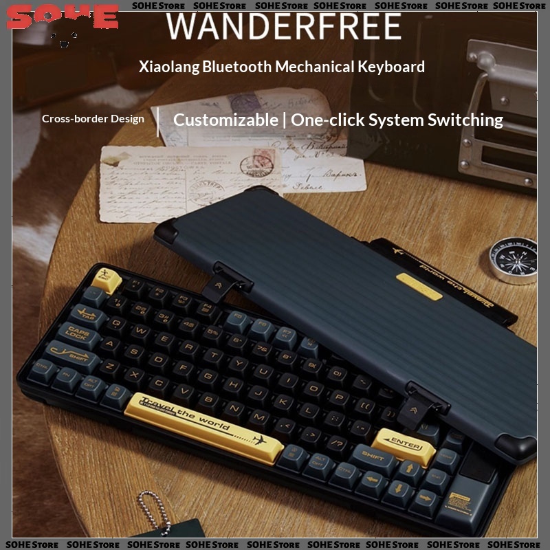 Retro Pc Gaming - Klawiatura mechaniczna Wanderfree Bluetooth bezprzewodowa, dwufunkcyjna,